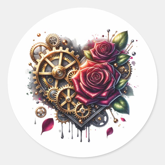 Steampunk Herz und Rose Runder Aufkleber (Vorderseite)