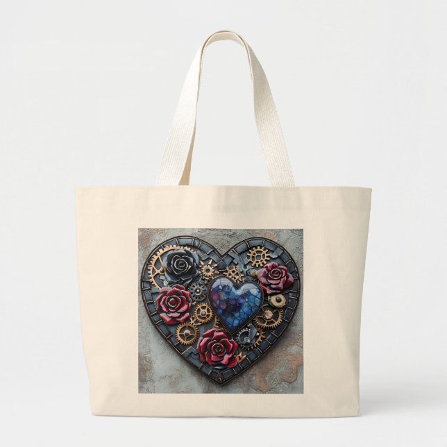Steampunk-Herzen, Blume und Gears Jumbo Stoffbeutel (Vorne)