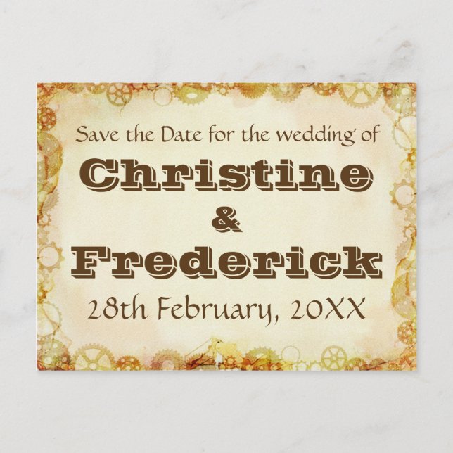 Steampunk Hochzeit, Save the Date Postkarte (Vorderseite)