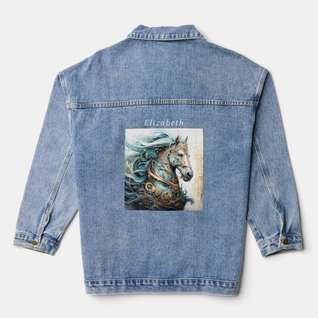 Steampunk Horse Cogs Wheels Steel Kupfer Brass Jeansjacke (Rückseite)