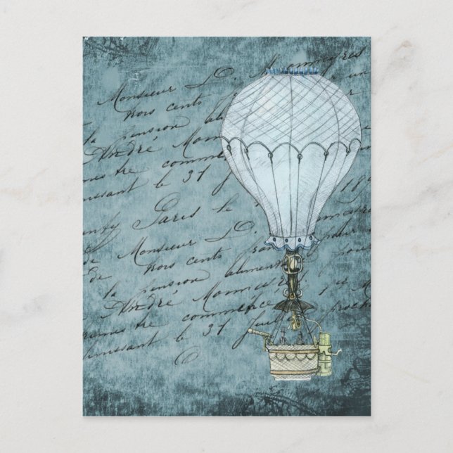 Steampunk Hot Air Ballon Dusk Blue Handwriting Postkarte (Vorderseite)