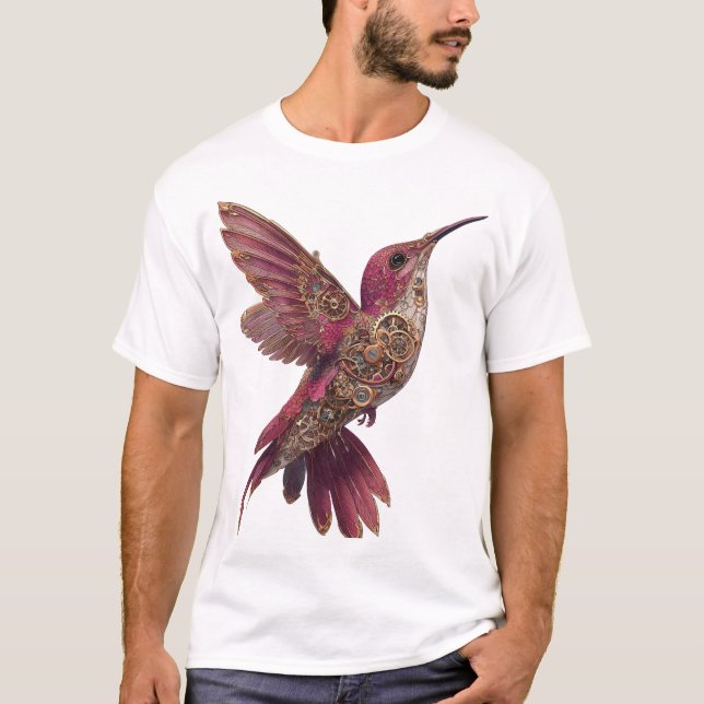 Steampunk Hummingbird — Magenta & Brass Clockwork  T-Shirt (Vorderseite)