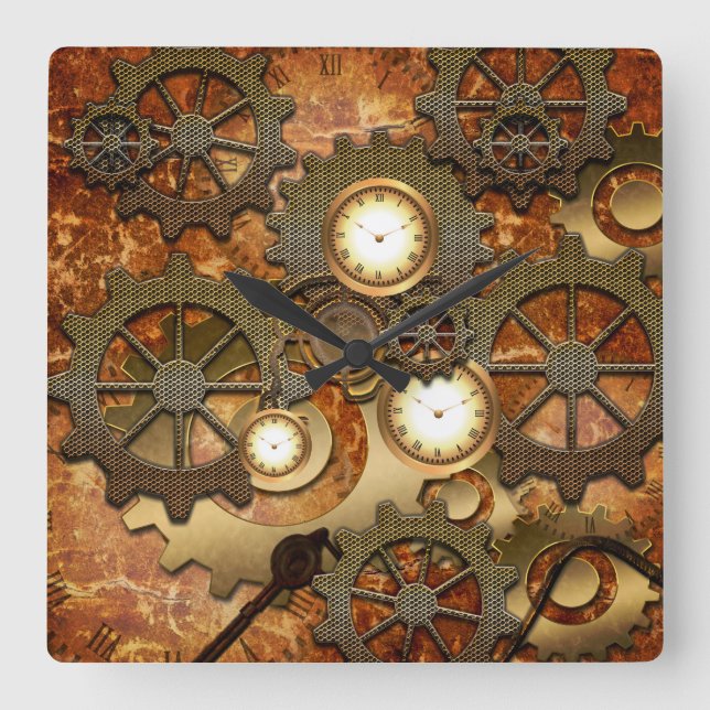 Steampunk in goldenen Farben Quadratische Wanduhr (Vorderseite)