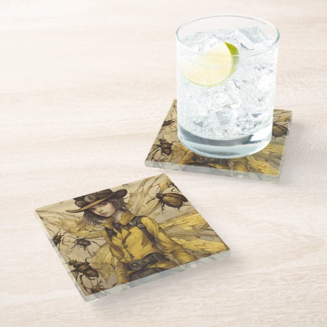 Steampunk Insect Lady Glasuntersetzer (Schrägansicht)