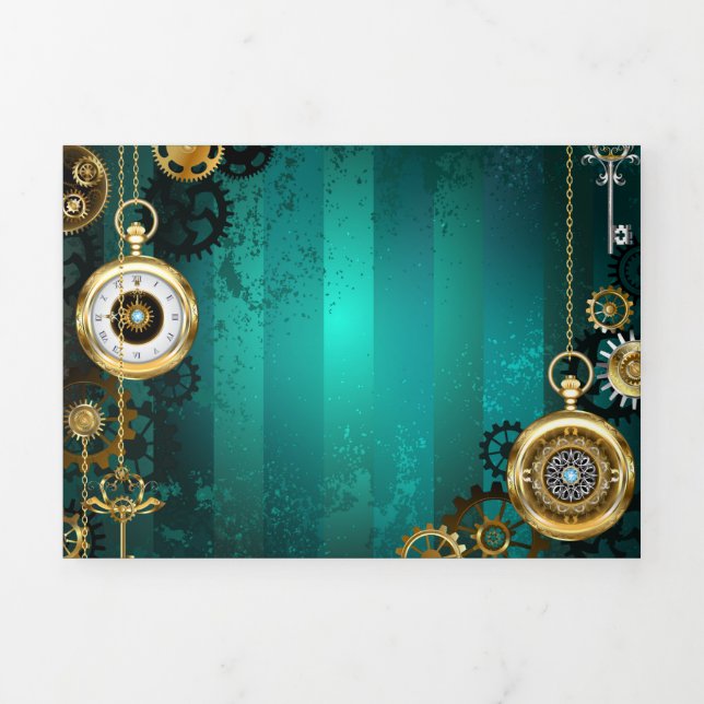 Steampunk Jewelry Watch, wir haben Green Backgroun Dreifach Gefaltete Ankündigung (Cover)
