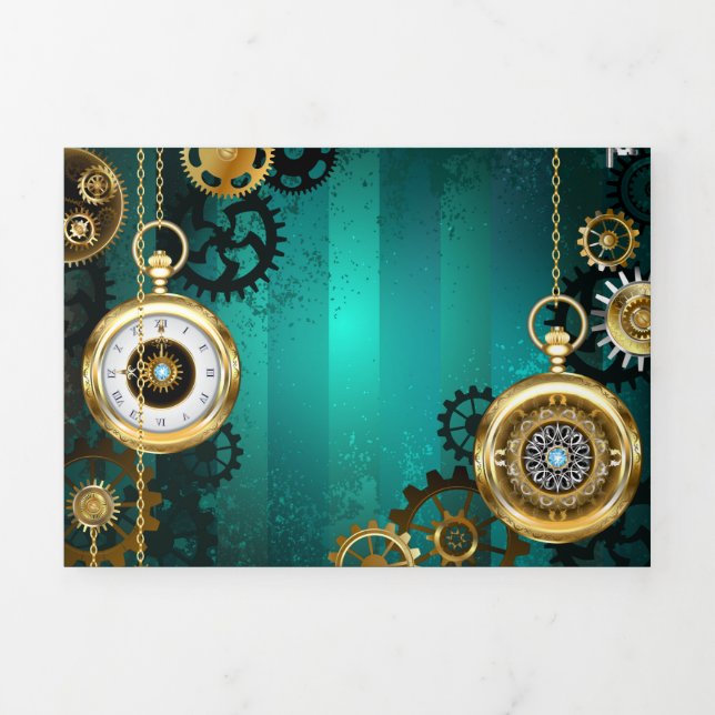 Steampunk Jewelry Watch, wir haben Green Backgroun Dreifach-gefaltete Programmkarte (Cover)
