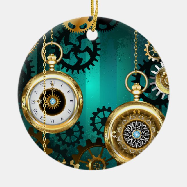 Steampunk Jewelry Watch, wir haben Green Backgroun Keramik Ornament (Vorne)