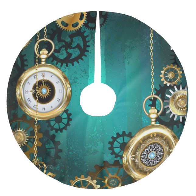 Steampunk Jewelry Watch, wir haben Green Backgroun Polyester Weihnachtsbaumdecke (Vorderseite)