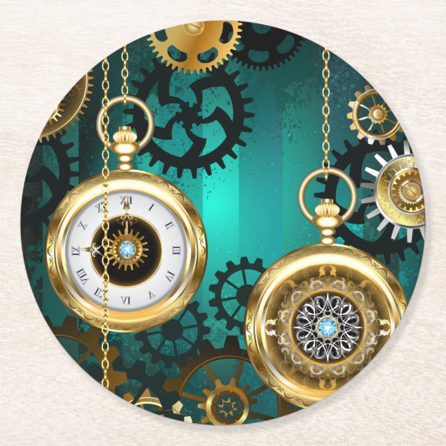Steampunk Jewelry Watch, wir haben Green Backgroun Runder Pappuntersetzer (Vorderseite)