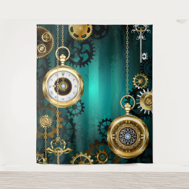 Steampunk Jewelry Watch, wir haben Green Backgroun Wandteppich (Vorderseite)