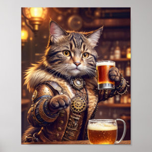 Steampunk-Katze, die Bier in einer Kneipe trinkt - Poster