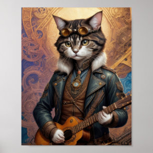 Steampunk-Katze in Ledermantel, Gitarre spielend - Poster