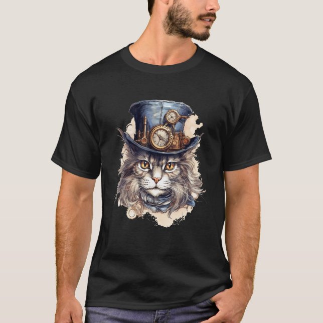 Steampunk-Katze mit Hat Graphic Design Cat Fantasy T-Shirt (Vorderseite)