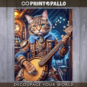 Steampunk-Katze spielt Banjo in einem blauen Pub - Seidenpapier