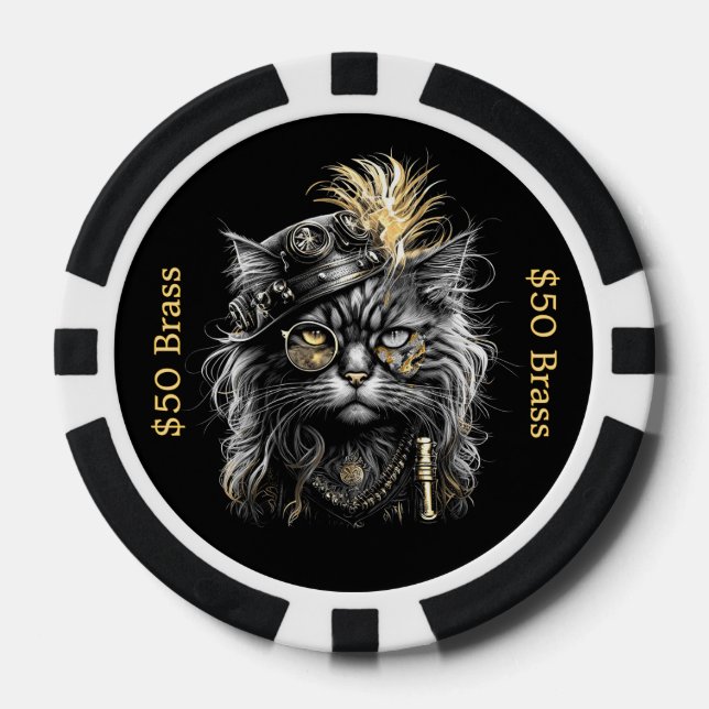Steampunk-Katze spielt mit messingfarbenem SPAß Pokerchips (Vorderseite)