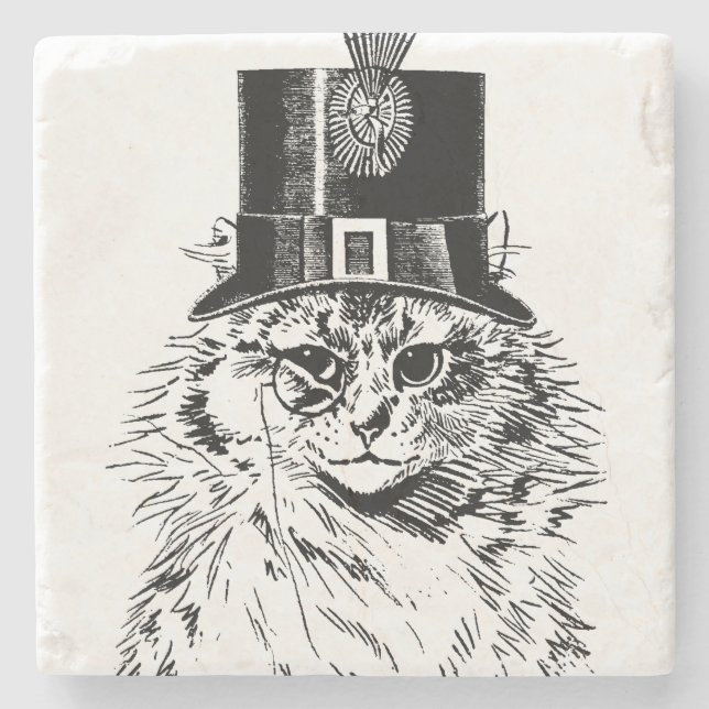 Steampunk Katzen-Untersetzer, Kitty im Spitzenhut Steinuntersetzer (Vorderseite)