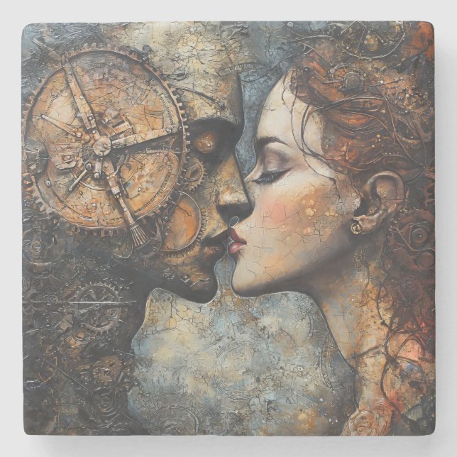 Steampunk Kiss Steinuntersetzer (Vorderseite)