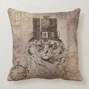 Steampunk Kitty Cat in Top Hat, Gears, Pocketwatch Kissen