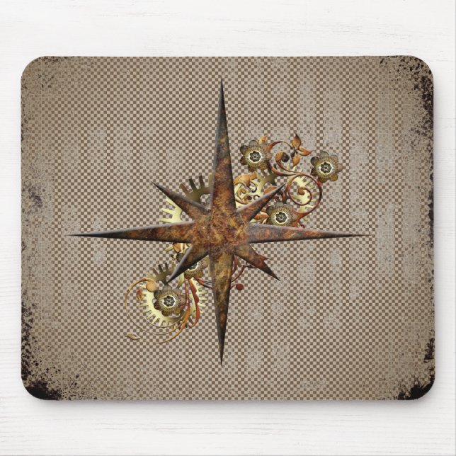 Steampunk-Kompass-Stern Grunge Mousepad (Vorne)