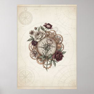 Steampunk-Kompass-Zahnräder Rosen Vintage-Plakat Poster