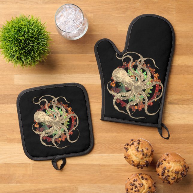 Steampunk-Kraken und robustes Uhrwerk Ofenhandschuh & Topflappen-Set (Oben Unten)