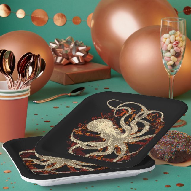 Steampunk-Kraken und robustes Uhrwerk Pappteller (Multi)