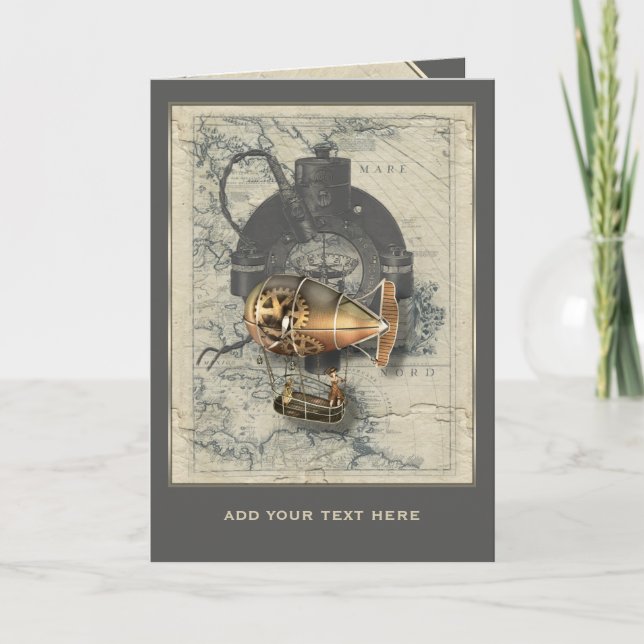 Steampunk lenkbarer Ballon-Fahrt personalisiert Karte (Vorderseite)