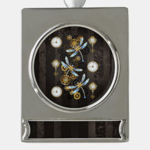 Steampunk-Libellen auf braun gestreiftem Hintergru Banner-Ornament Silber