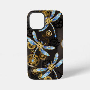 Steampunk-Libellen auf braun gestreiftem Hintergru iPhone 12 Mini Hülle