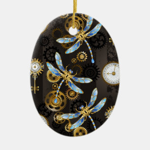 Steampunk-Libellen auf braun gestreiftem Hintergru Keramik Ornament