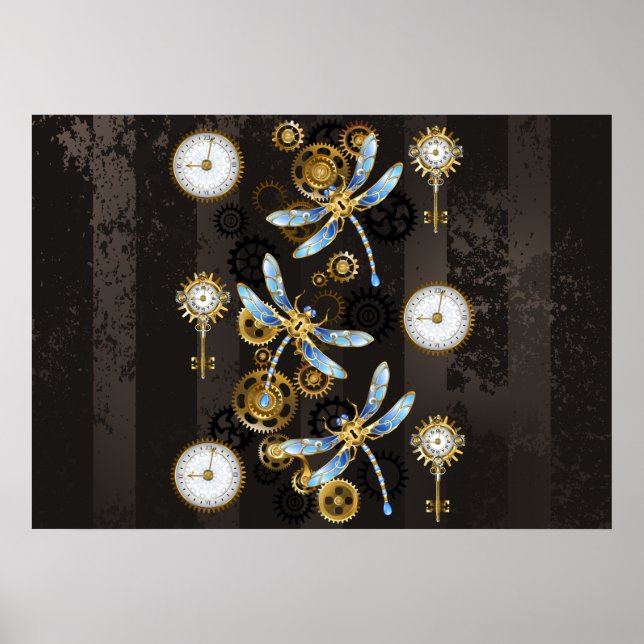 Steampunk-Libellen auf braun gestreiftem Hintergru Poster (Vorne)