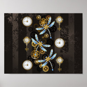 Steampunk-Libellen auf braun gestreiftem Hintergru Poster