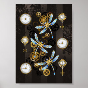 Steampunk-Libellen auf braun gestreiftem Hintergru Poster