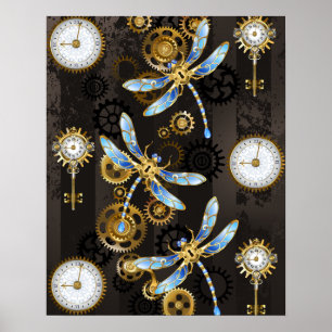 Steampunk-Libellen auf braun gestreiftem Hintergru Poster