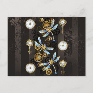Steampunk-Libellen auf braun gestreiftem Hintergru Postkarte