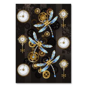 Steampunk-Libellen auf braun gestreiftem Hintergru Tischnummer