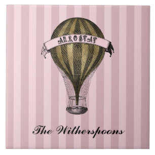 Steampunk-Luftschiff auf Vintage-Rosa-Streifen-Mon Fliese