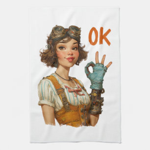 Steampunk-Mädchen mit selbstsicherer OK-Geste Geschirrtuch