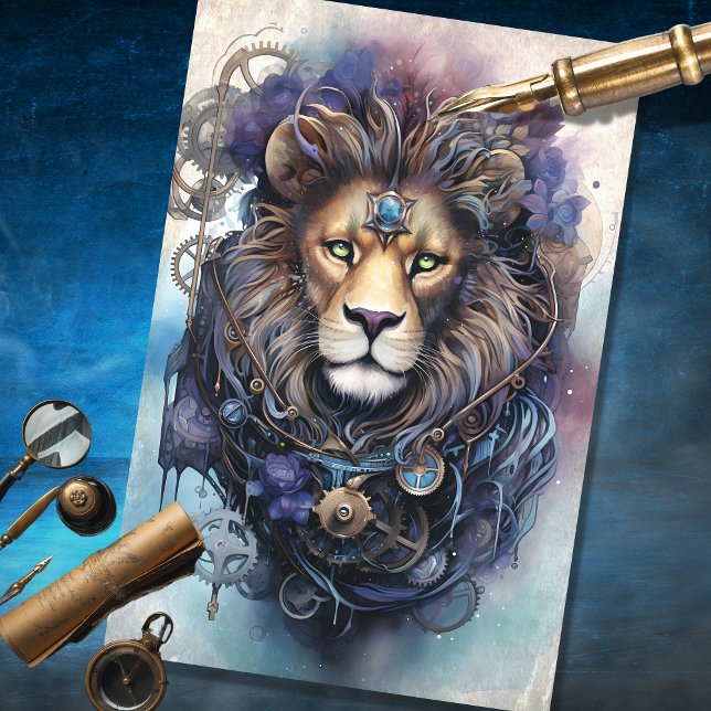Steampunk Male Lion Lila Blue Grunge Decoupage Seidenpapier (Von Creator hochgeladen)