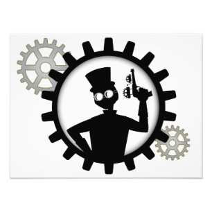 Steampunk Man hält die Waffe im Foto des Zahnrades