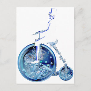 Steampunk-Mann auf Penny-Farthing blau weiß Neon Postkarte