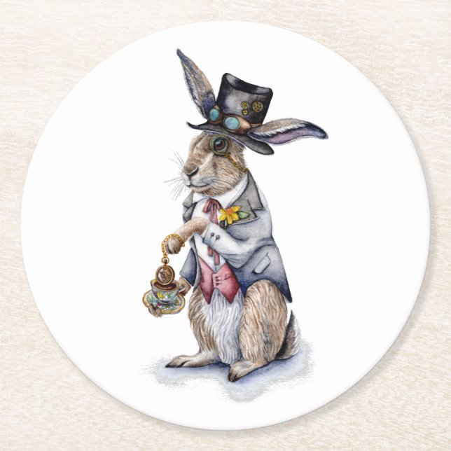 Steampunk März Hare Runder Pappuntersetzer (Vorderseite)