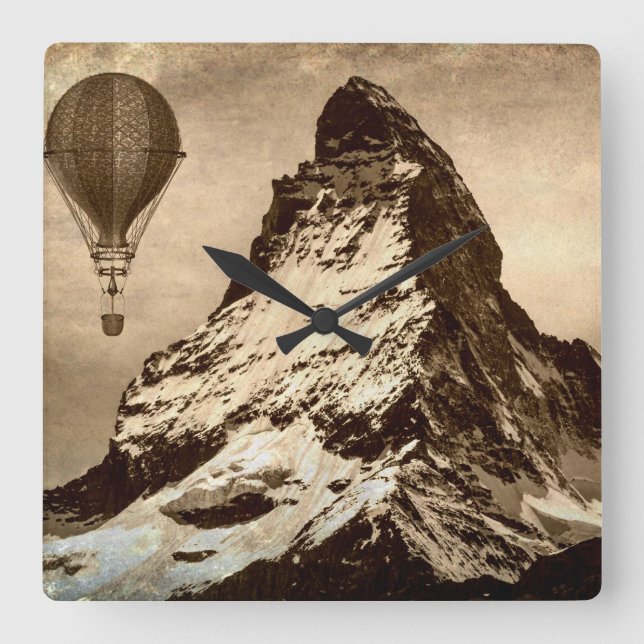 Steampunk Matterhorn Scene Quadratische Wanduhr (Vorderseite)