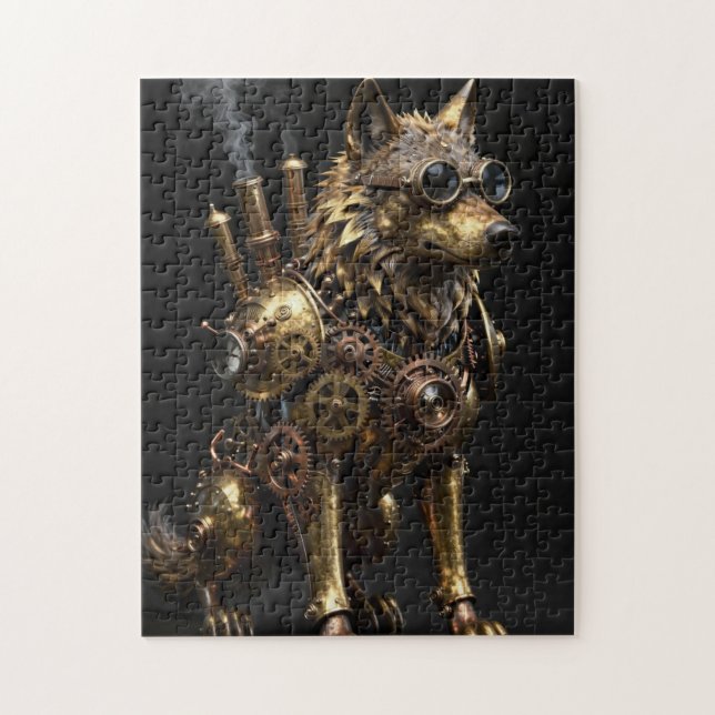 Steampunk Mechanical Sitting Wolf Art (Vertikal)