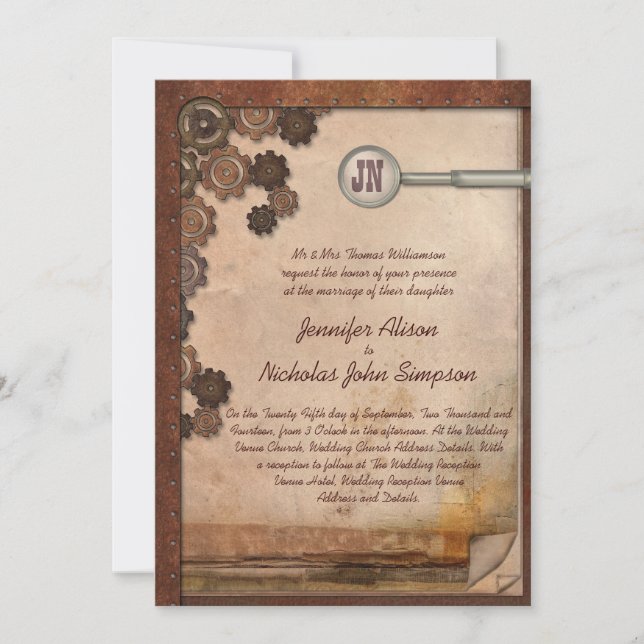 Steampunk Mechanical Writing Set Wedding Invites Einladung (Vorderseite)