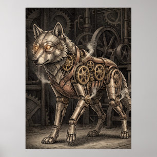 Steampunk Mechanischer Wolf Messingzahnräder Vikto Poster