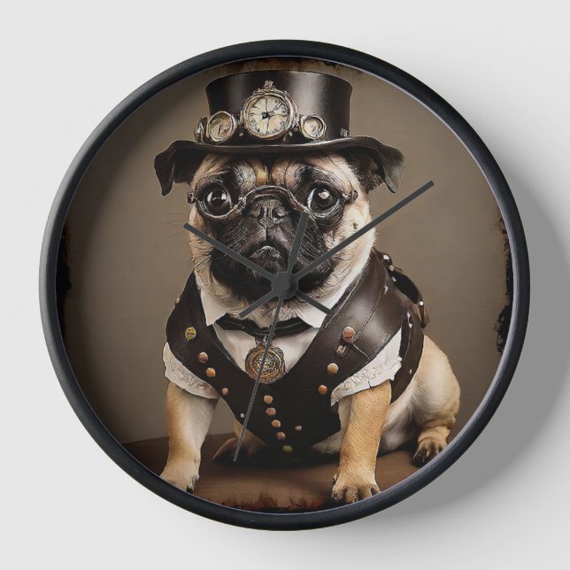 Steampunk Mops Artistic Portrait Uhr (Vorderseite)