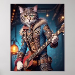 Steampunk-Musikkatze in blauer Kleidung, die Gitar Poster