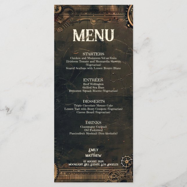 Steampunk Noir Affair Wedding Menu Menükarte (Vorderseite)