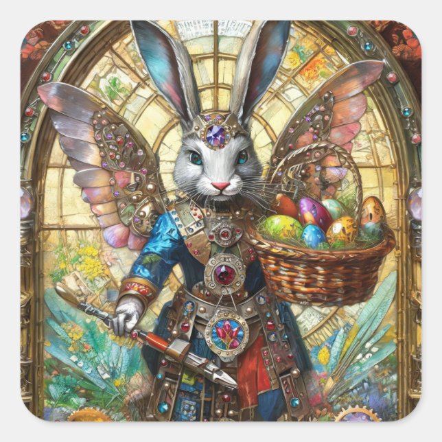 Steampunk Oaster Bunny Warrior Angel Quadratischer Aufkleber (Vorderseite)